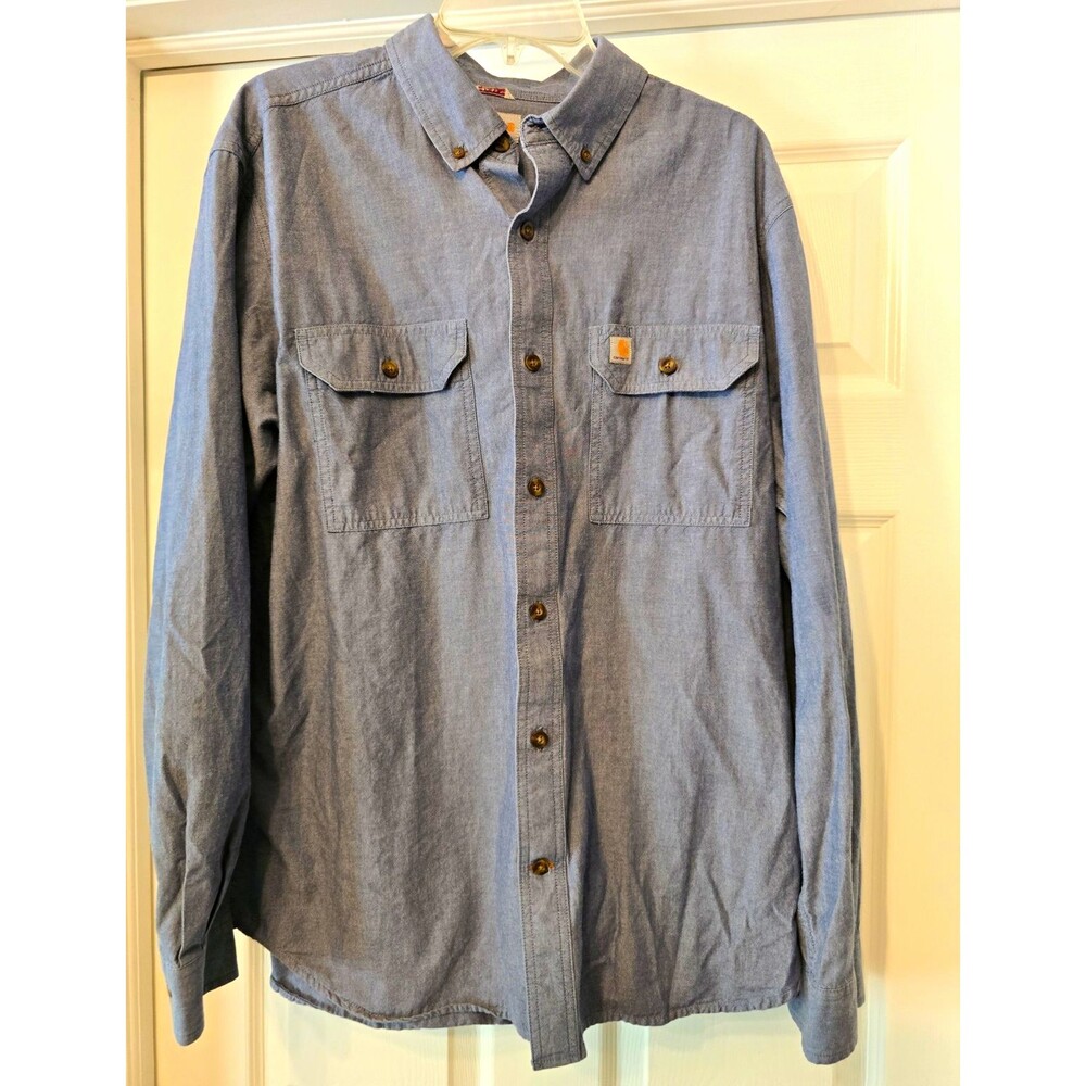Carhartt Mens Blue Chambray Button Down Long Sleeve Relaxed Pocket Shirt L